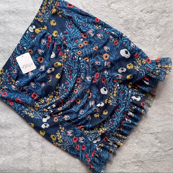 Free People Dresses & Skirts - NWT Free People Romi Mesh Ruched Ruffle Floral Mini Skirt Blue Combo Small Sz S